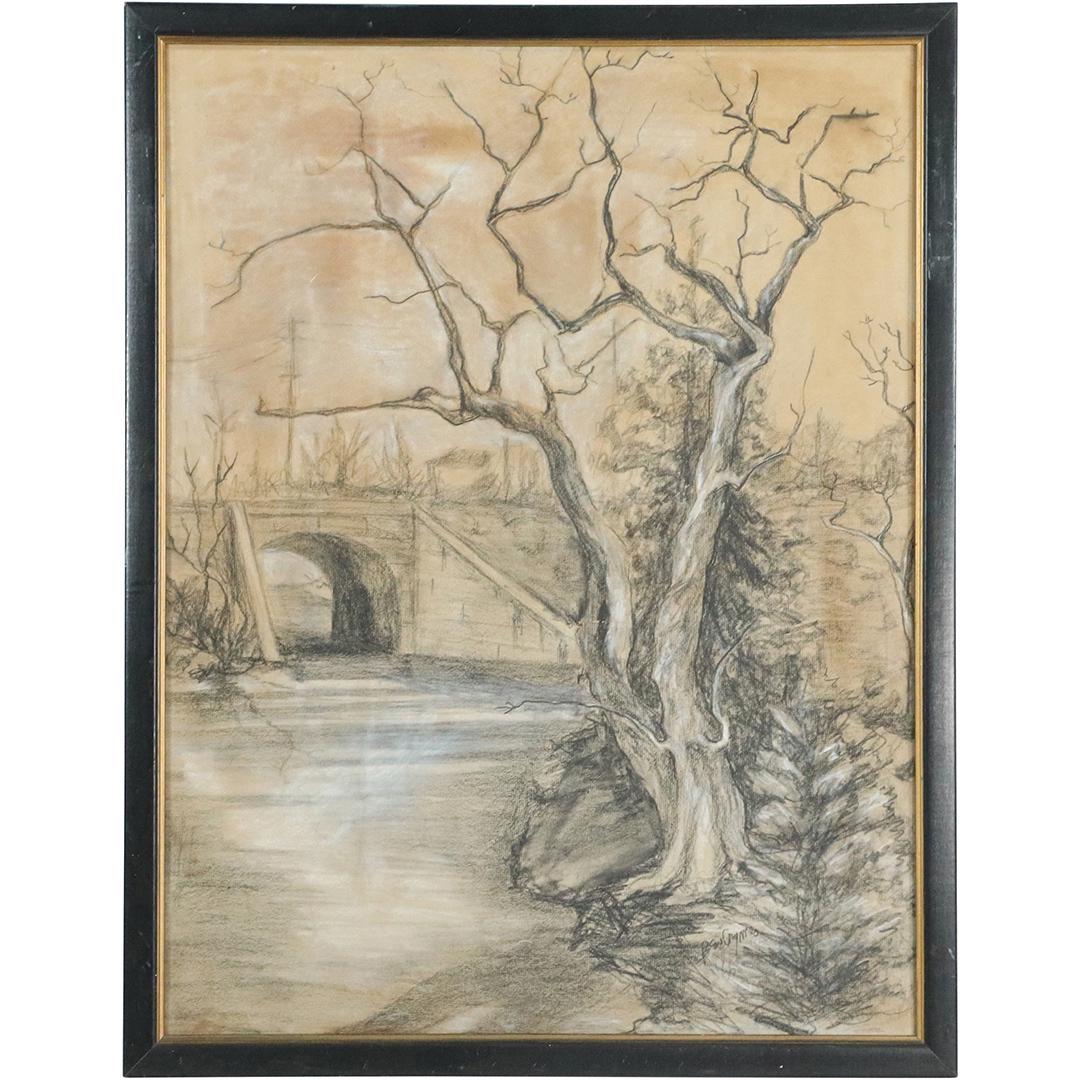 Pen Crymes , Graphite Sketch Tree at River Edge, Bridge (1 of 8)