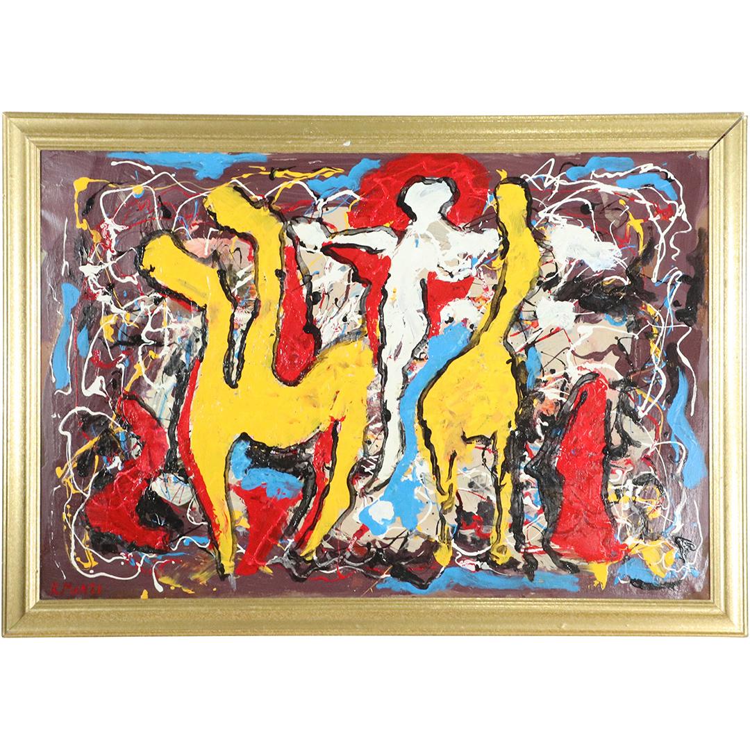 R Monti, Mid-Century Abstract Figures Yellow Horses O/c (1 of 8)
