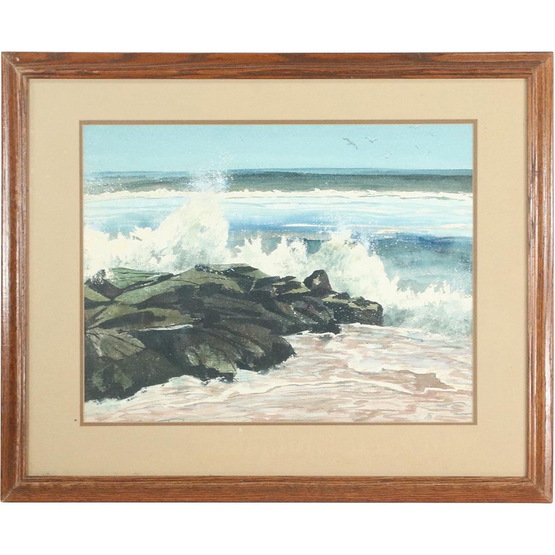 Crashing Waves on Rocks Seascape Watercolor Painting (1 of 6)