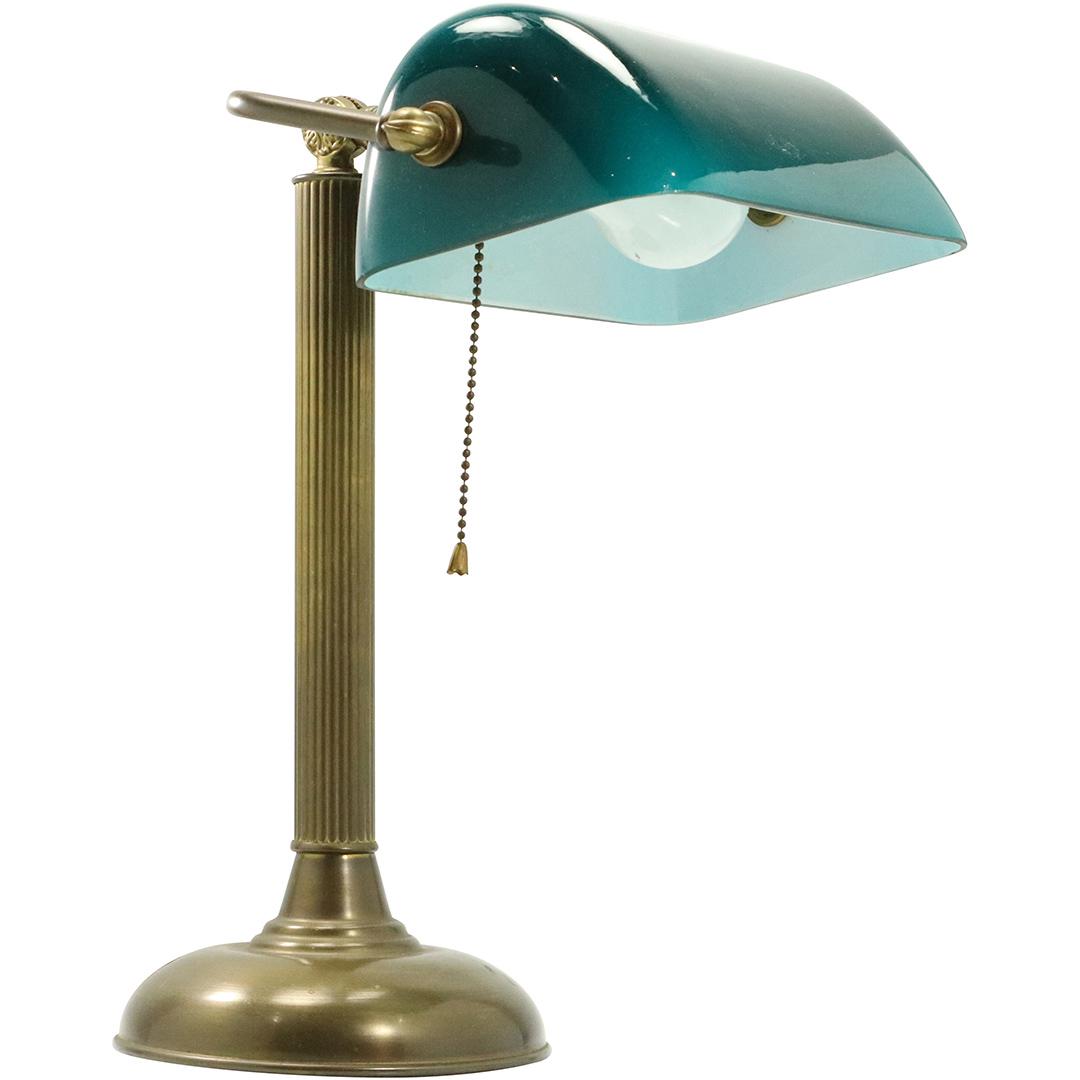 Brass Banker's Lamp with Green Cased Glass Shade (1 of 8)