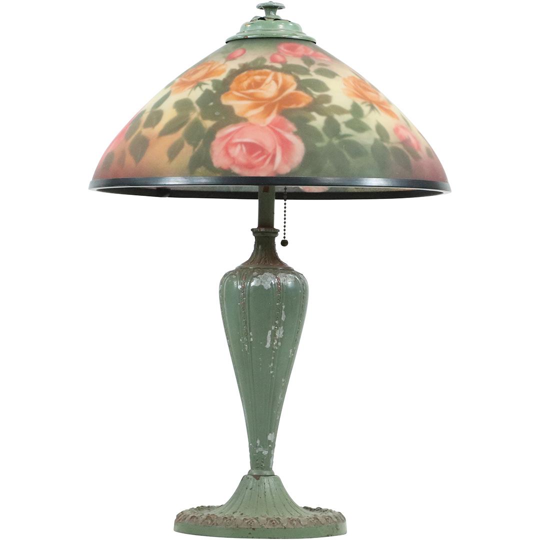 Roses Reverse Painted Glass Shade on Rainaud Metal Base (1 of 13)