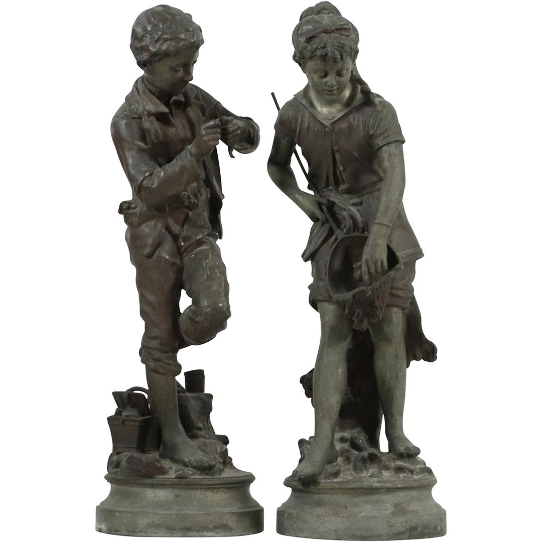 2 Victorian Cast Metal Sculptures Peasant Boy & Girl (1 of 9)