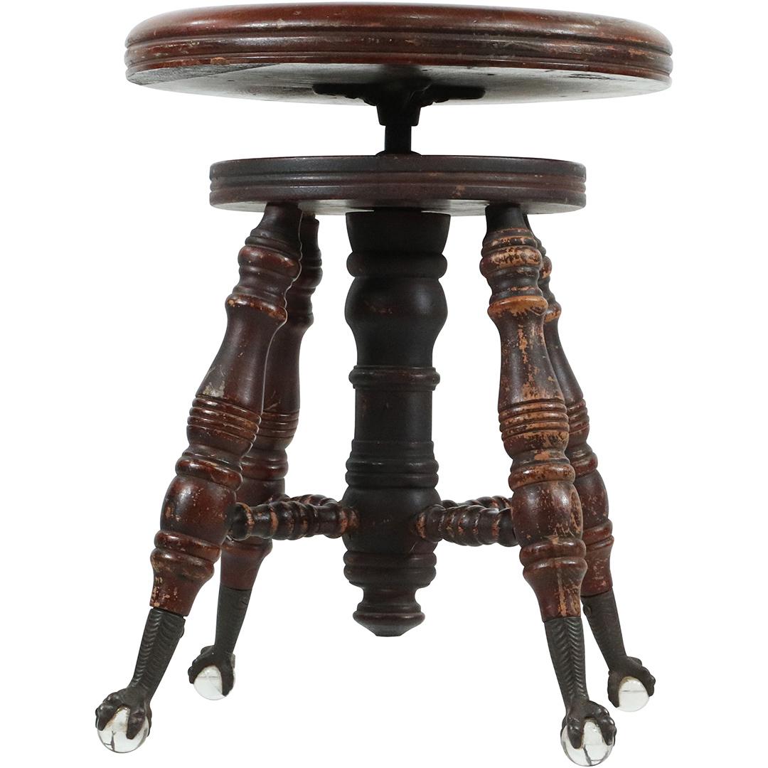 Antique Swivel Piano Stool with Glass Ball & Claw Feet: Antique Swivel Piano Stool with Glass Ball & Claw Feet. Size: 19h x 18w