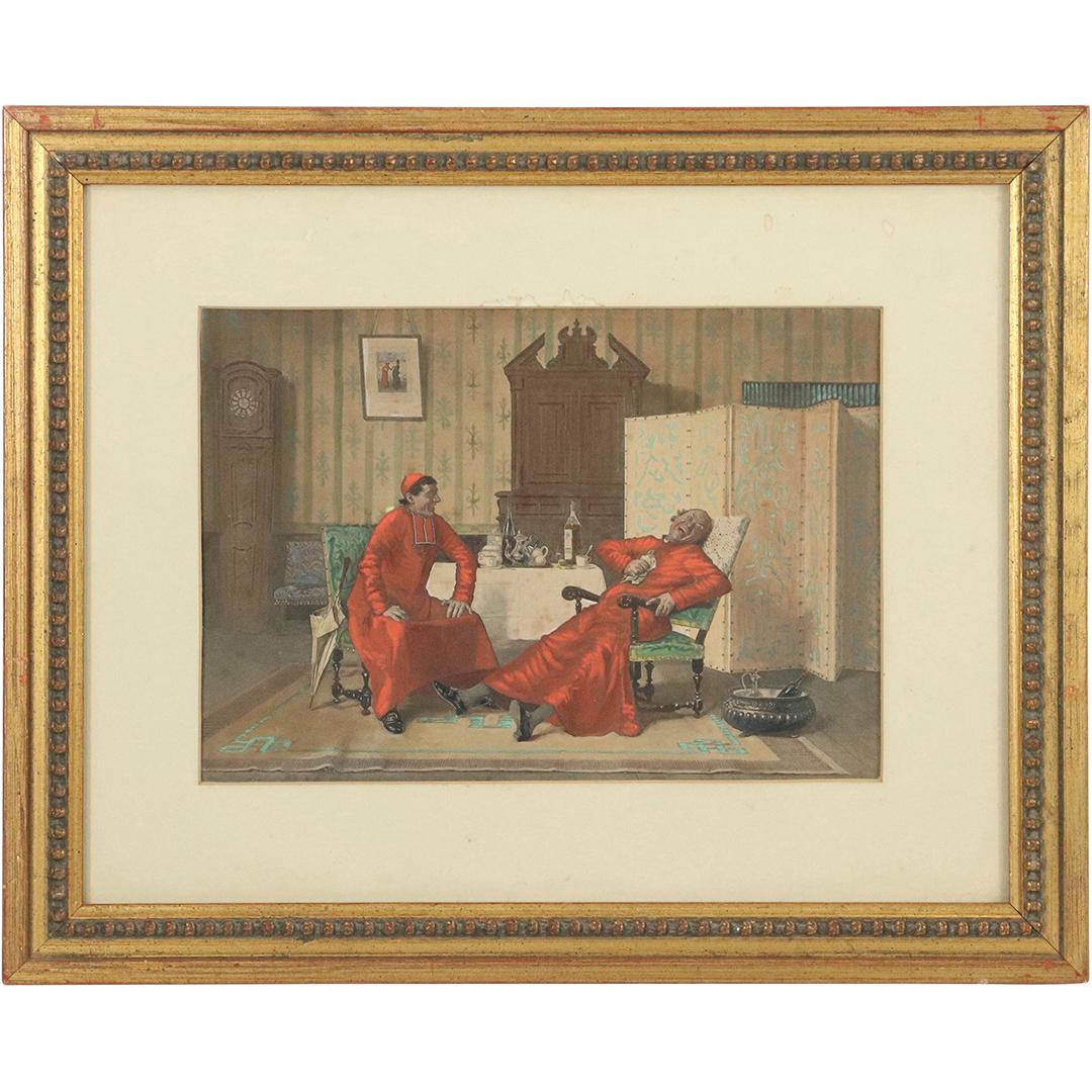 Giddy Cardinals Interior Scene Vintage Color Print: Giddy Cardinals Interior Scene Vintage Color Print. Original framing. Size: 7x10 image, 13x16 outside frame
