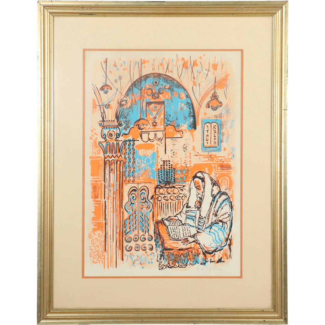 Rabbi Reading in Temple, Colored Vintage Lithograph (1 of 9)
