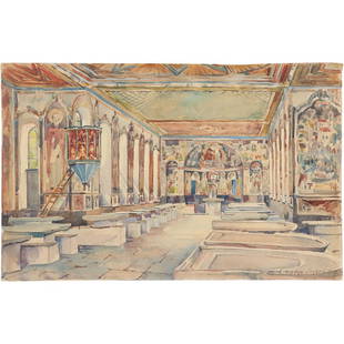 Eldredge Snyder 1927, Architectural Watercolor Mosque: Eldredge Snyder 1927, Architectural Watercolor Mosque / Cathedral. Famous Architect. watercolor painting. Signed and dated 1927. Size: 12x18.5. ; Google Search: Eldredge Snyder 1901-1967, American arc