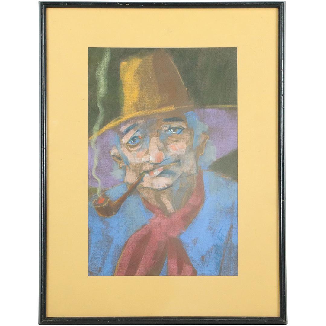 Don Wright, Pastel Painting, Man in Hat Smoking Pipe (1 of 9)
