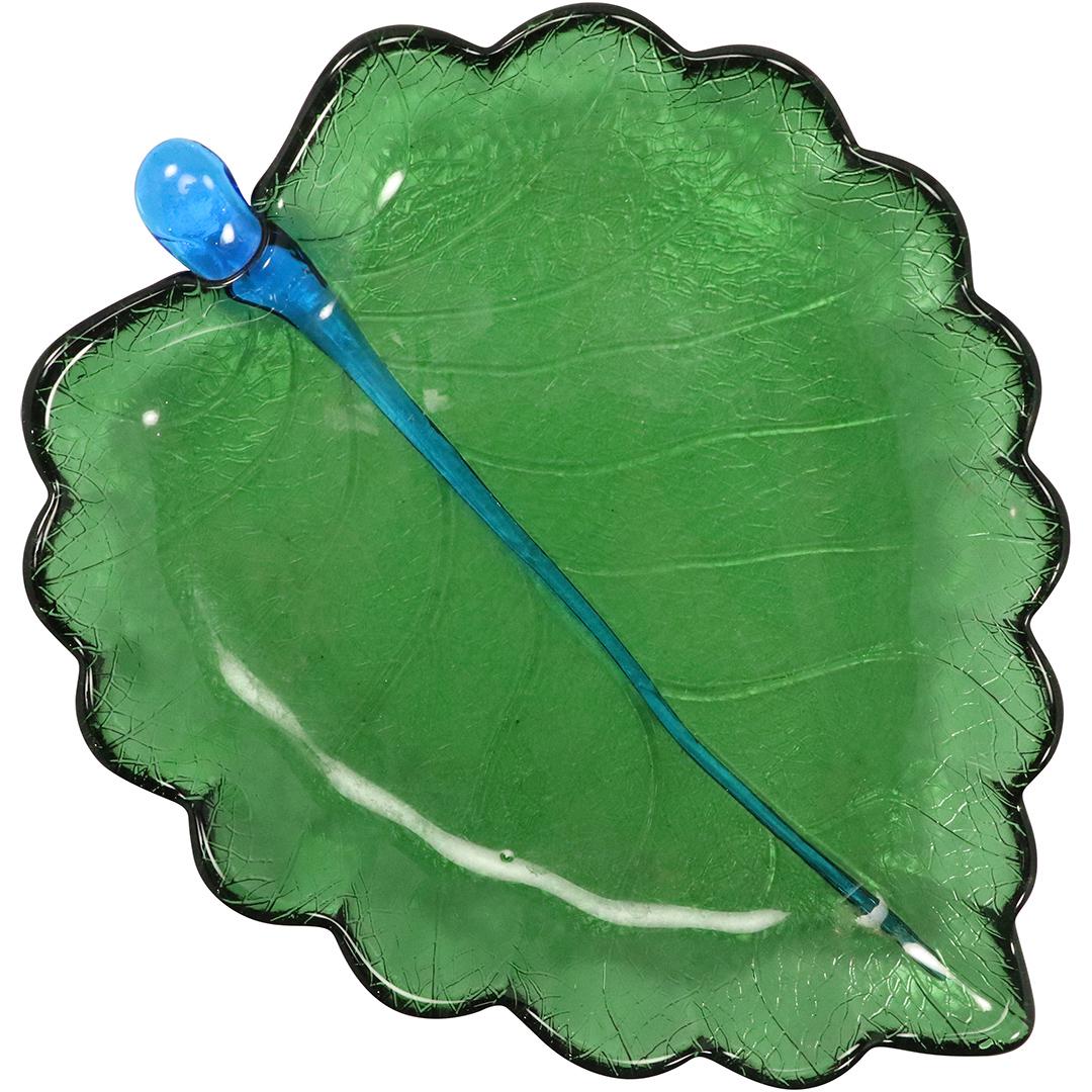 Mid-Century Green Glass Leaf Serving Dish has Blue Vein (1 of 6)