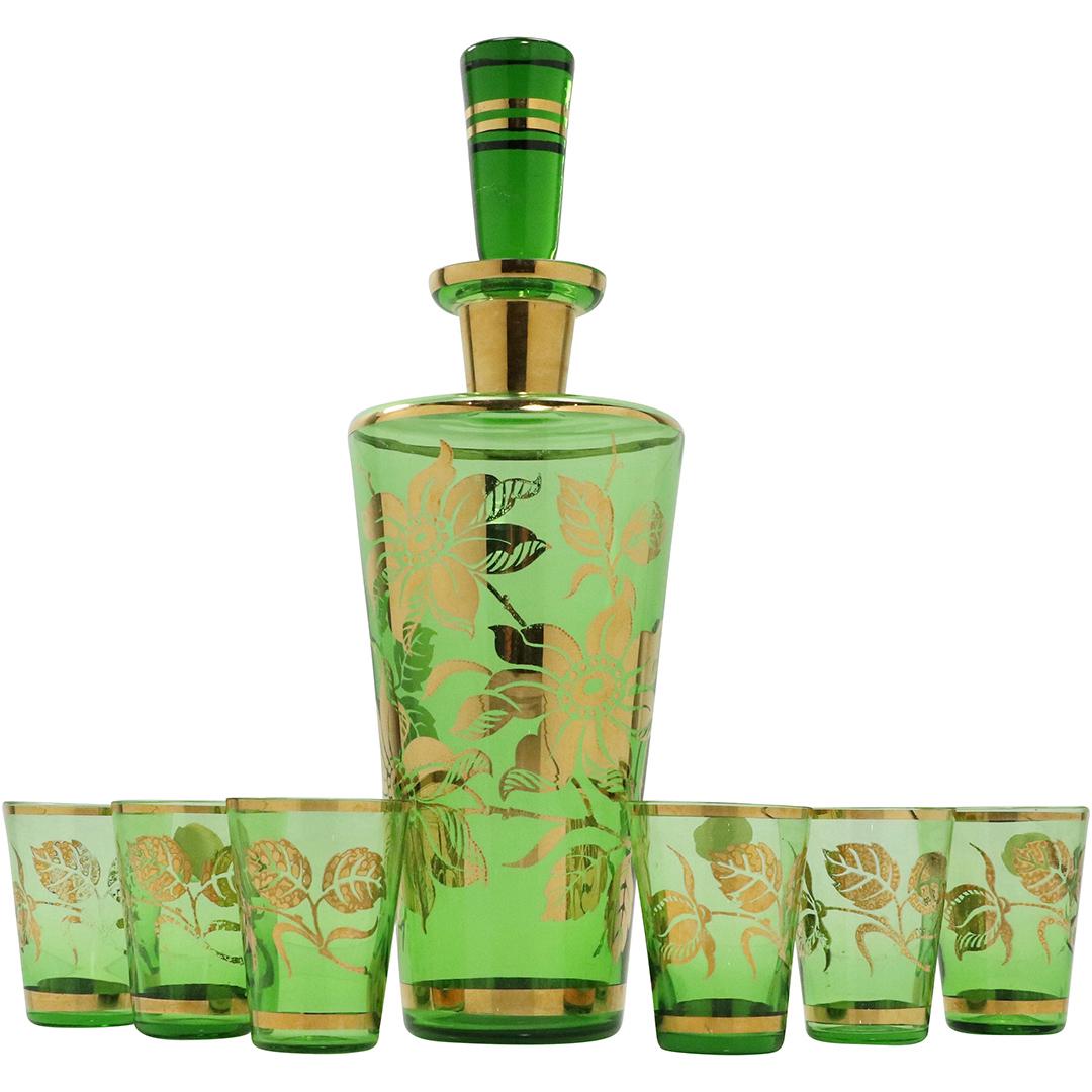 Czech Bohemian Green and Gold Glass Decanter 6 Cordials (1 of 9)