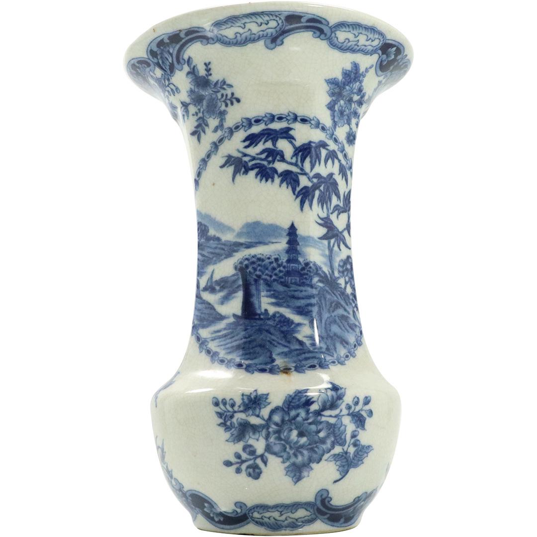 Blue and White Ironstone Scenic Vase with Flowers: Blue and White Ironstone Scenic Vase with Flowers. Size: 11.75h x 7.5w