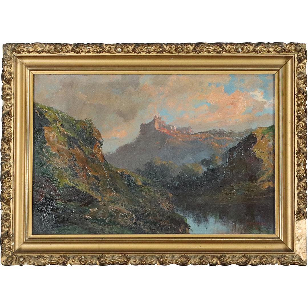 J R Califano, 19th C. Mountainous Lake Landscape Oil/b (1 of 7)