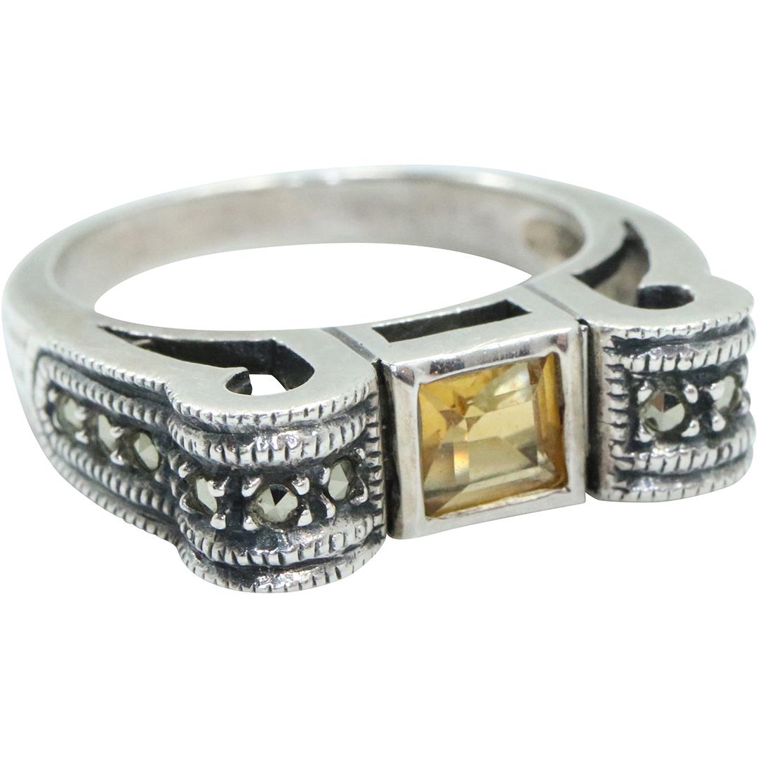 Sterling Silver Citrine Marcasites Cut-Out Ring Size 8 (1 of 4)