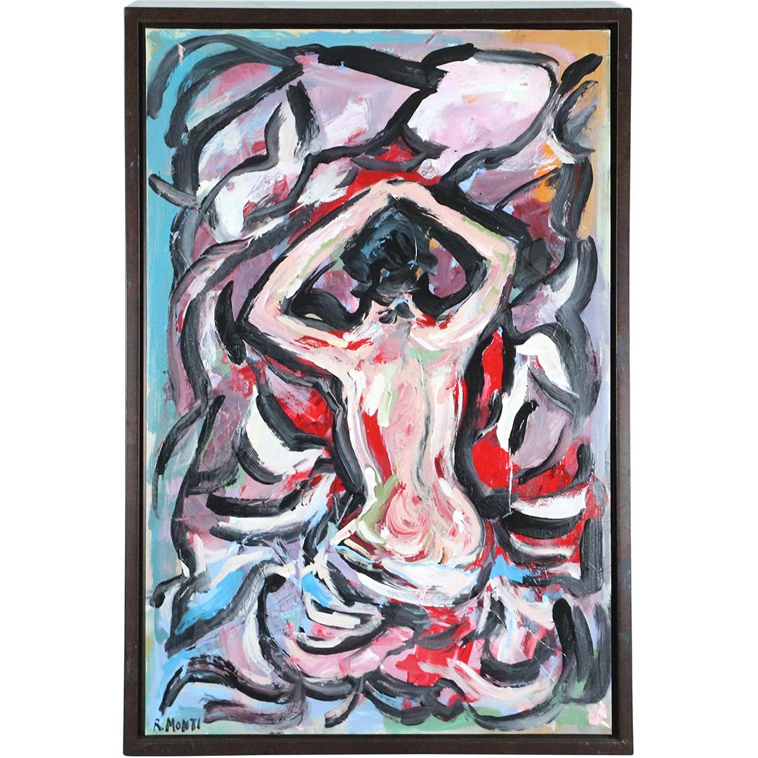 Rocco Monticolo, R Monti, Nude in Abstract Oil/c: R Monti, Mid-Century Modern Nude in Abstract Oil/c. Oil on canvas Painting. Signed. Framed. Popular Philadelphia Area Artist. Size: 35.5x23.5 image, 37.5x25.75 outside frame. LISTED AMERICAN ARTIST -