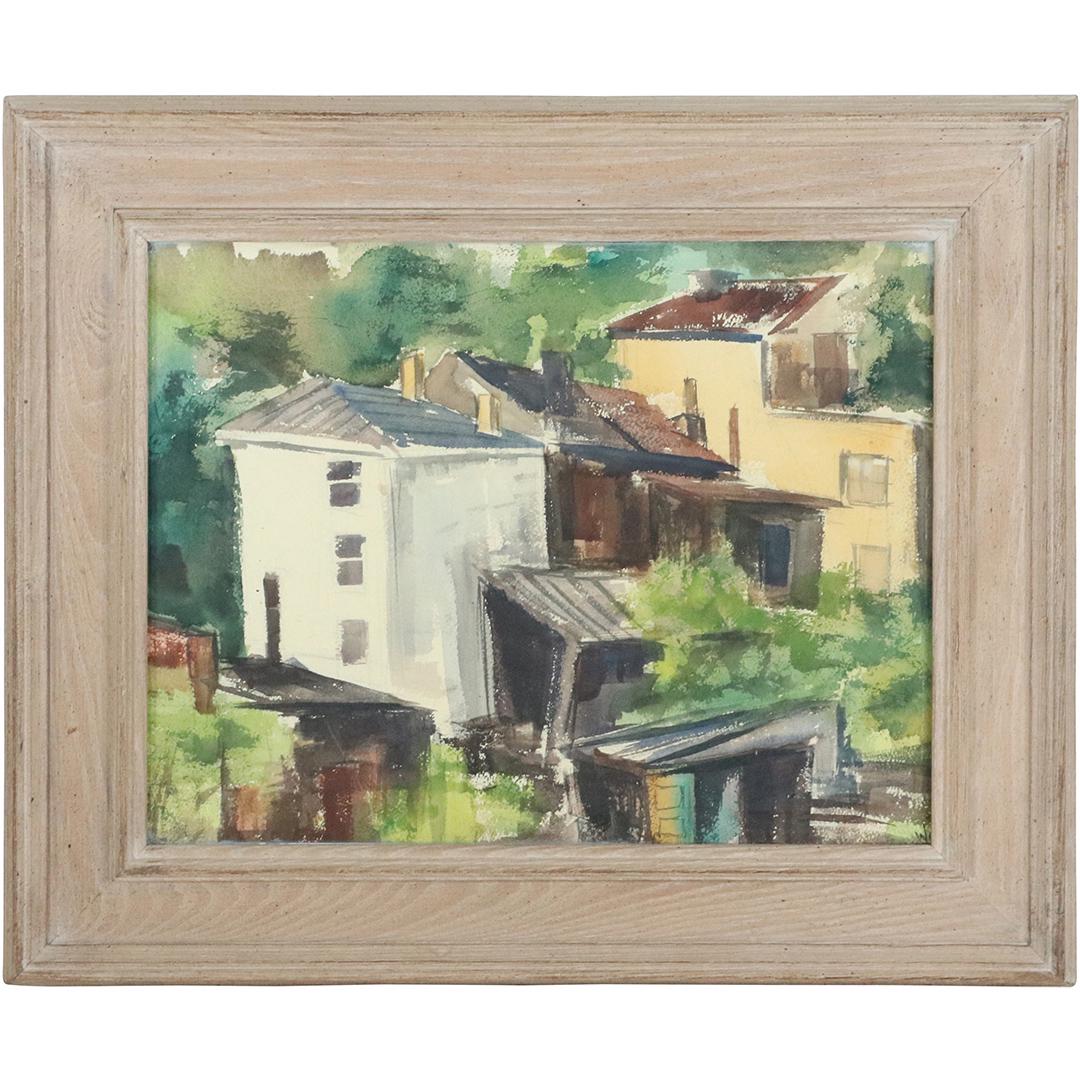 Circa 1950 Rural Homes in Landscape Watercolor Painting: Circa 1950 Rural Homes in Landscape Watercolor Painting. Signed: W C ;Original framing. Size: 14x18 image, 20x24 outside frame