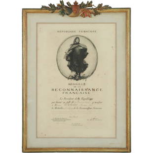 Republique Francaise Presentation Engraving A Besnard: Republique Francaise Presentation Engraving A Besnard. Original framing. Size: 18.5x11 image, 28.5x20.5 outside frame. ASKart: Albert Besnard (1849 - 1934) was active/lived in France. Albert Besnard i