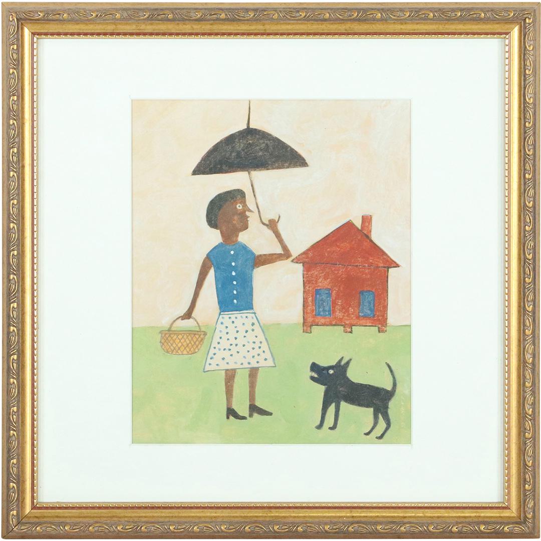 after Bill Traylor, Watercolor Girl Umbrella, Dog, Shed (1 of 7)