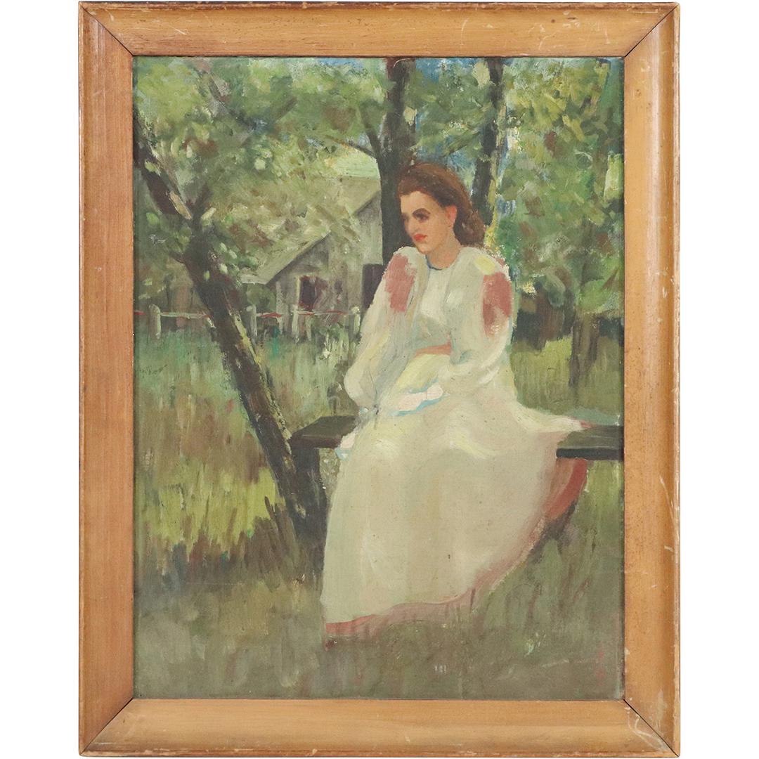 Vintage Oil Painting Seated Woman on Backyard Bench (1 of 7)