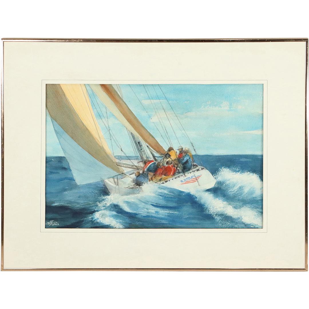 H Hughes, Watercolor, USA Sailboat "Auction Down Under" (1 of 11)