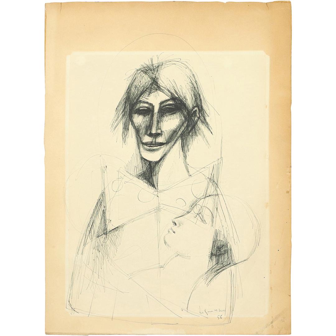 French Signed & Dated 1956 Ink Drawing Male Portrait (1 of 9)