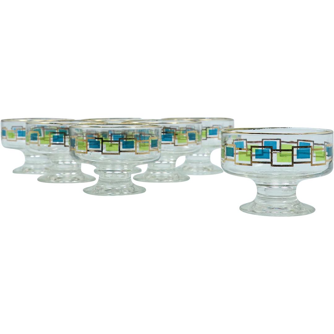 7 Mid-Century Modern Blue Green Squares Glass Sherberts (1 of 5)