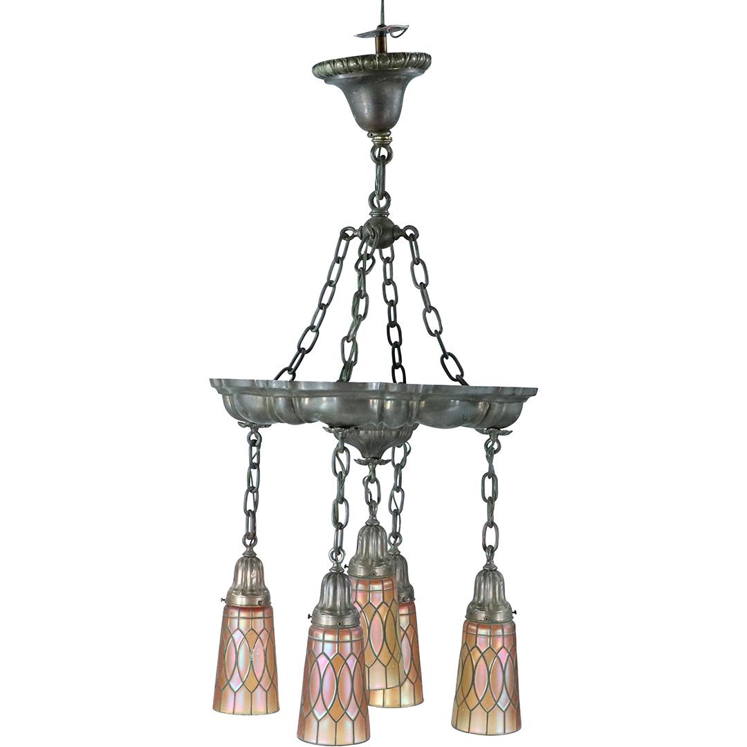Fancy Antique Brass Hanging Chandelier 5 Carnival Shade (1 of 11)