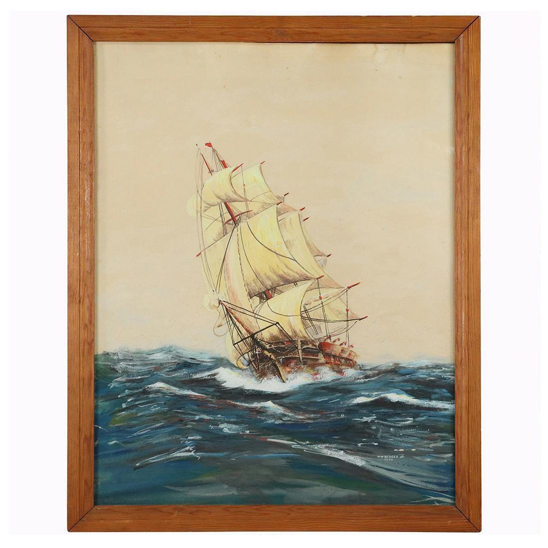 H W Berger Jr 1933, Watercolor Painting Full Sail Ship (1 of 10)