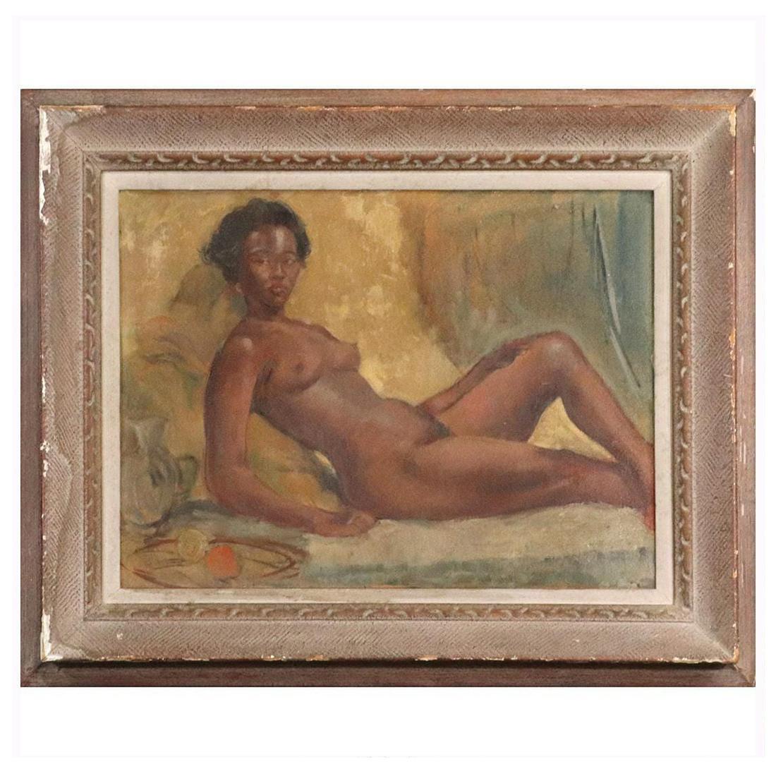 Circa 1940 Oil/b Nude African American Reclining Female: Circa 1940 Oil/b Nude African American Reclining Female. Oil on board painting, unsigned, Vintage, Original frame. Well done painting. size:18x24 image, 26.5x32.5 outside frame