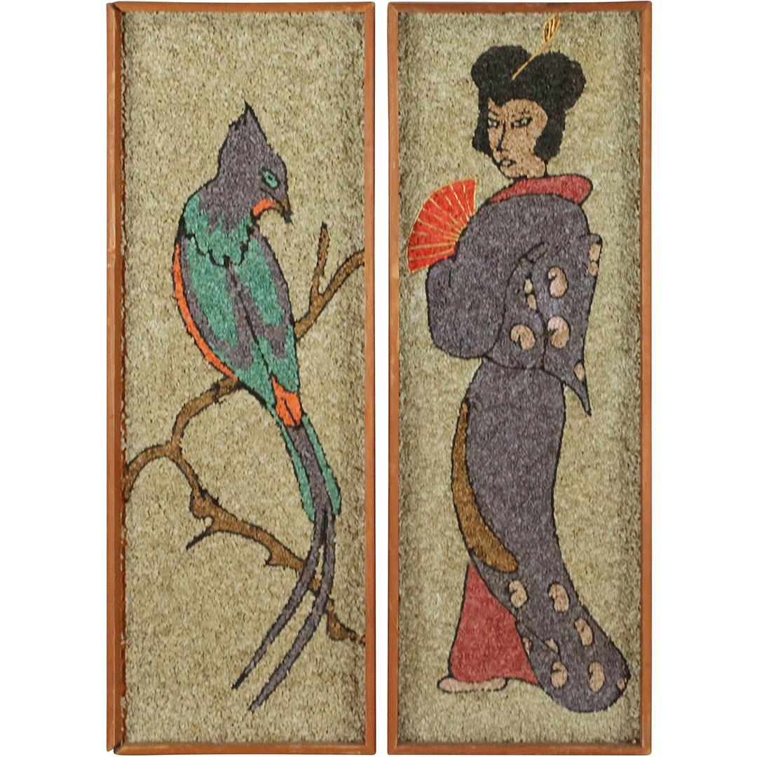 2 Mid-Century Gravel Mosaic Plaques Bird / Geisha Girl (1 of 7)