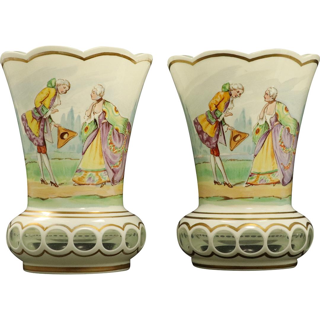 [2] Bohemian Cut Base Vases with Painted Courting Scene (1 of 7)