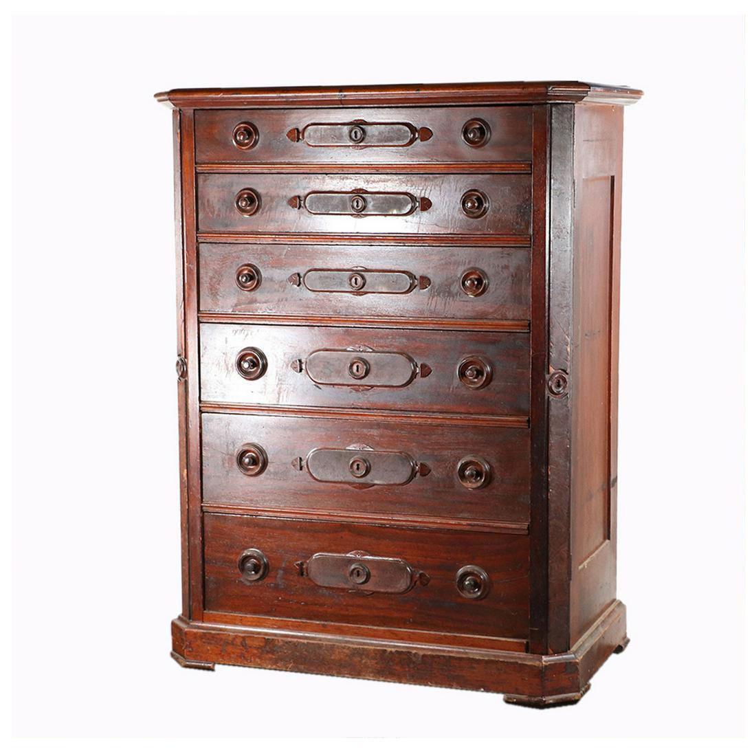 Antique Walnut Victorian 6 Drawer Sidelock Tall Chest (1 of 16)