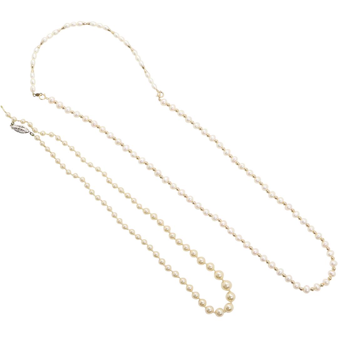 14K Baroque Pearls Necklace ; Culture White Pearls 14K: 14K Baroque Pearls Necklace ; Culture White Pearls 14K clasp [needs to be restrung]. Size: 24 in. x 1/4 in. ; and 18 in. x 1/4 in.