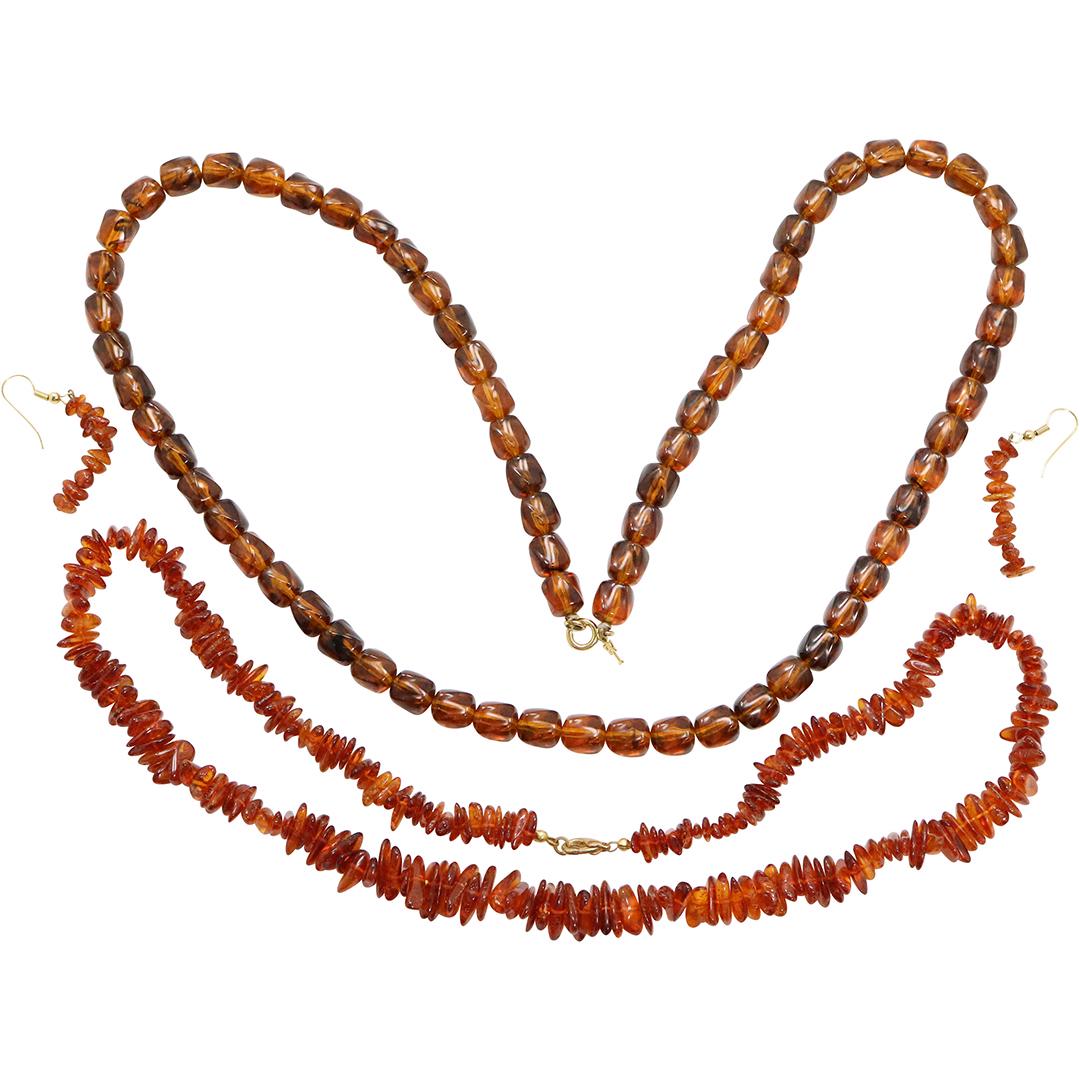 [2] Amber Beads Necklasces and Amber Earrings: [2] Amber Beads Necklasces and Amber Earrings. Trifari Amber Becklace 32 in. x 3/8 in.; Amber Necklace 24 in. x 1/2 in. with Amber Earrings 2 1/2 in. length