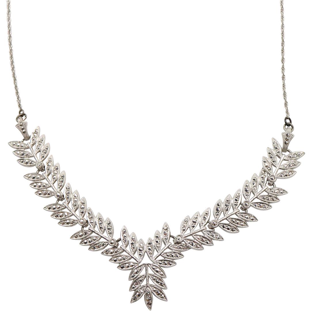 Sterling Silver and Marcasites Leaf Necklace: Sterling Silver and Marcasites Leaf Necklace. Marked: Sterling BK ; Size: 19 in. x 1/2 in. x 1 1/4 in.
