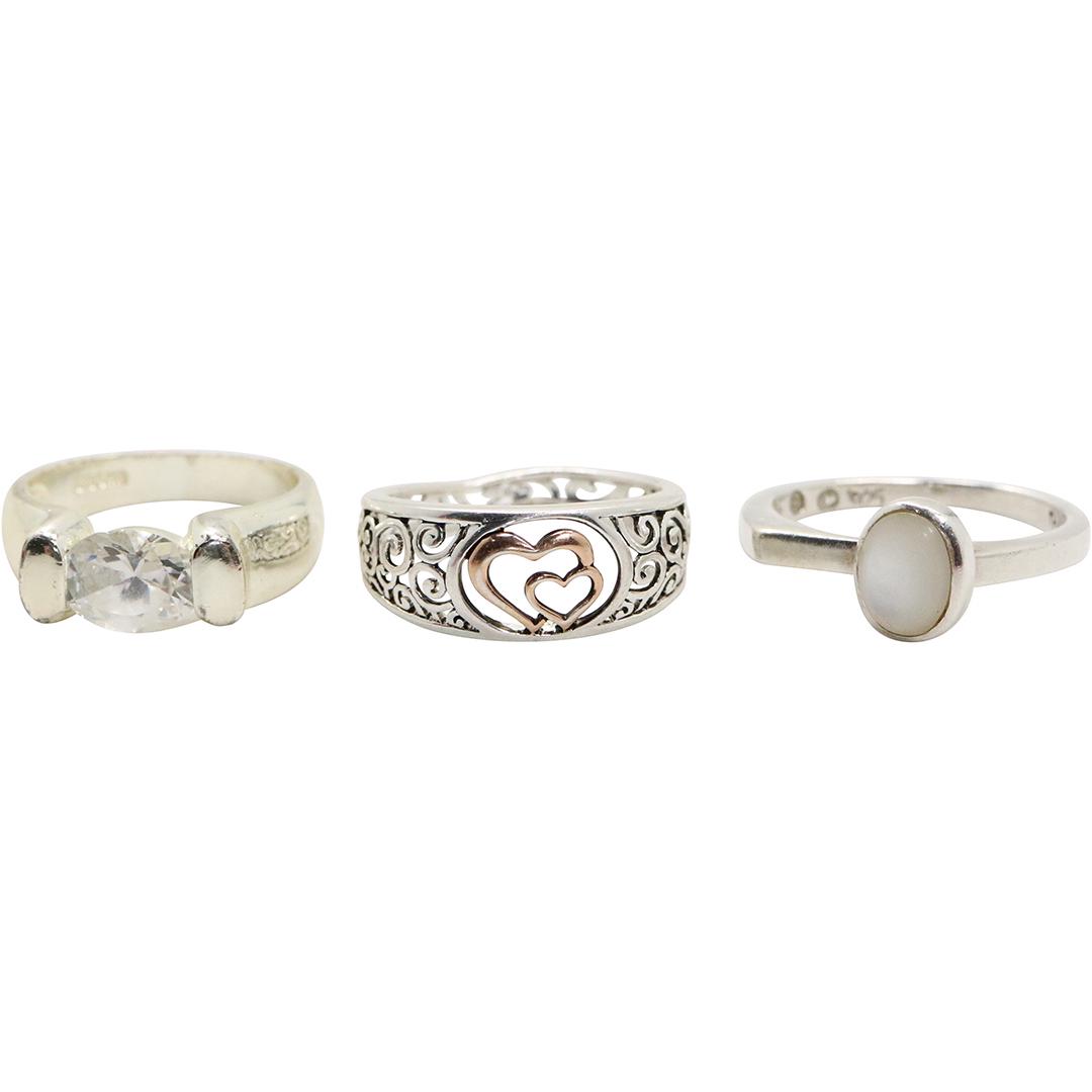 3 Sterling Silver Rings .925: CZ Moonstone Double Heart: 3 Sterling Silver Rings .925: CZ Moonstone Double Heart. All 3 marked: .925 ; Size: all 3 are Ring Size 8