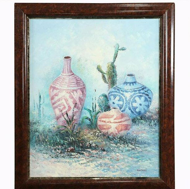 Nathan, 20th C Oil/c Southwestern Pottery Vessels Cacti (1 of 8)