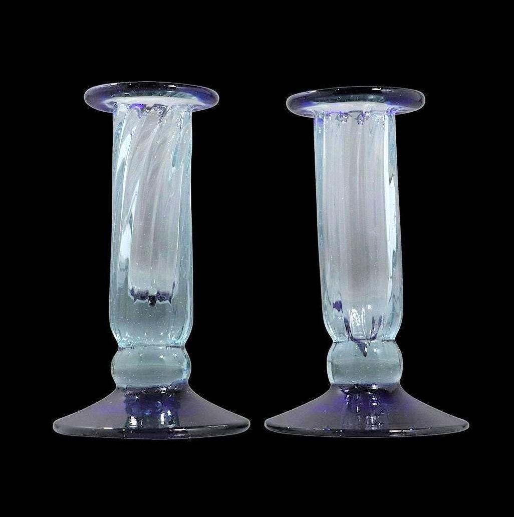 [2] Two Hand Blown Blue Glass Candlesticks Pontil Base (1 of 5)