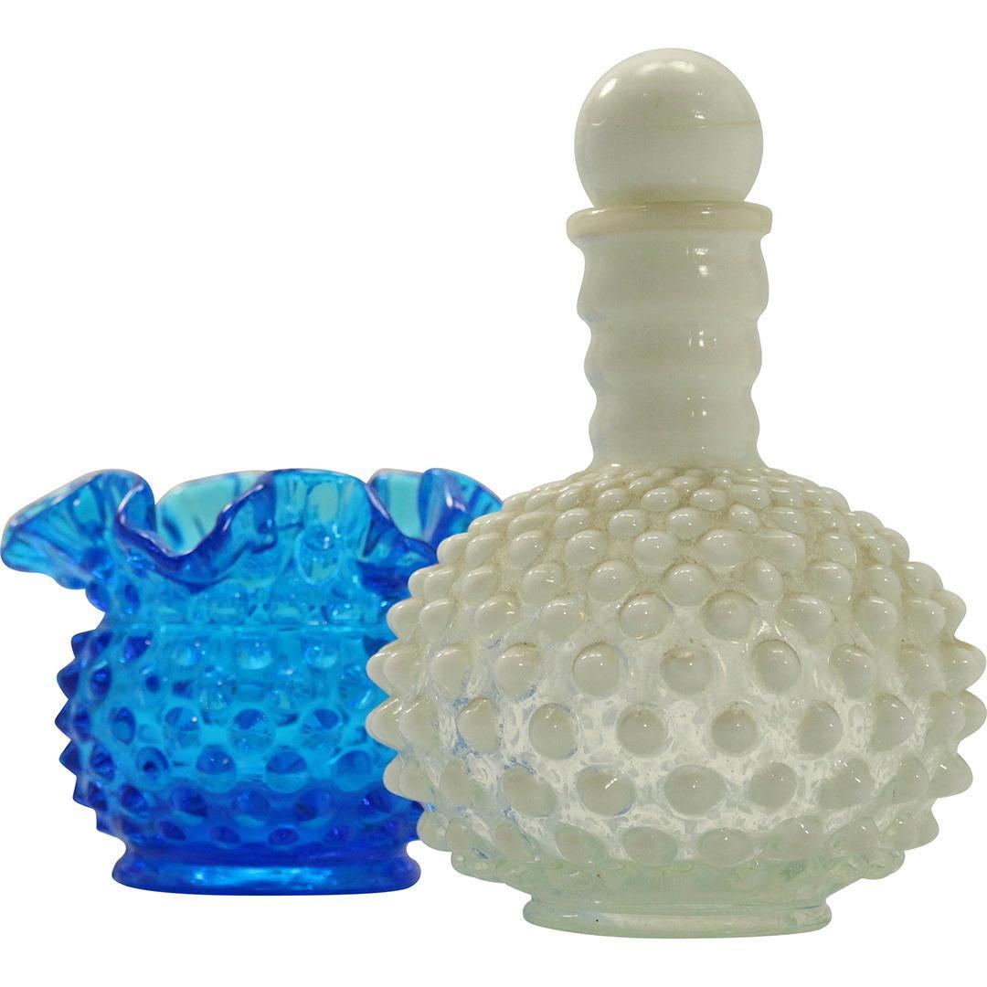 [2] Vintage Hobnail Blue Vase & White Dresser Bottle (1 of 7)
