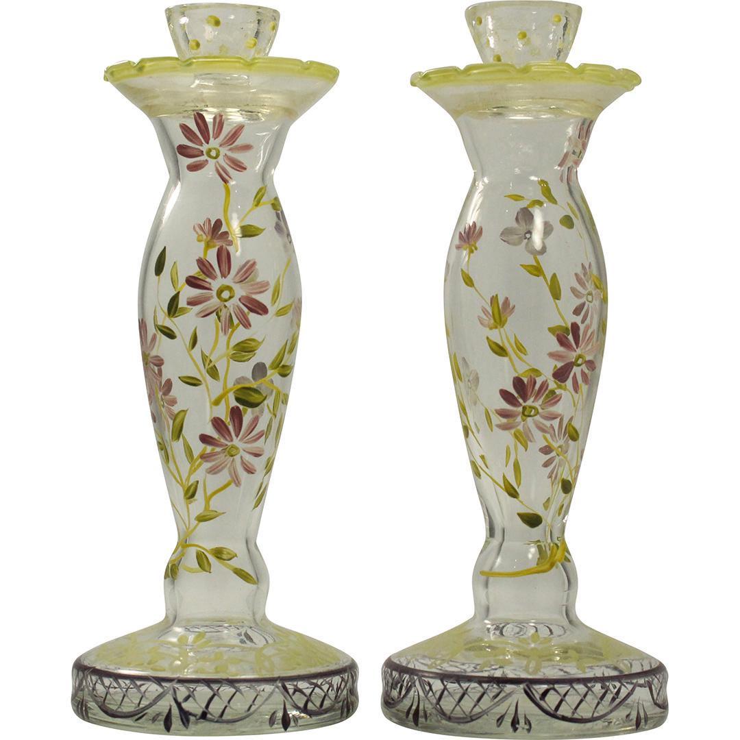 Pair Crystal Glass Candlesticks Hand Painted Flowers (1 of 7)