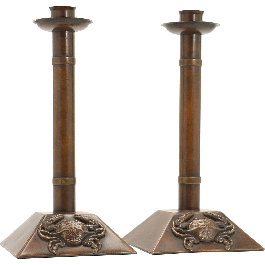 Pair Bronze Tall Candlesticks with Crab in Relief (1 of 7)