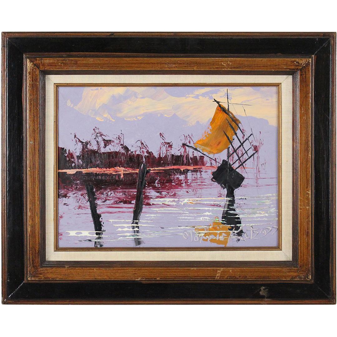 Morris Katz 1977, Jewish-American, Sailboat at Docks: Morris Katz 1977, Jewish-American, Sailboat at Docks. SAcrylic on board, Original frame. Signed and dated 1977. Well listed Artist. Size: 12 x 16 , outside of frame: 20 x 24. ASKart: Morris Katz (1931