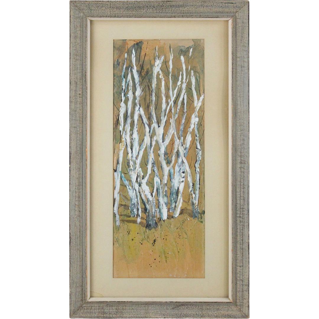 Mid-Century Birch Trees in Landscape Gouache Painting: Mid-Century Birch Trees in Landscape Gouache Painting. Framed. Size: 18.5 x 6.75 , outside of frame: 24.5 x 13.5