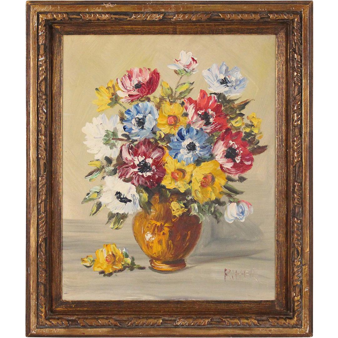 Ritter, Vintage Oil/c Still Life Flowers in Vase: Ritter, Vintage Oil/c Still Life Flowers in Vase. Oil on canvas painting. Signed. Original frame. Size: 20 x 16 , outside of frame: 24 x 20