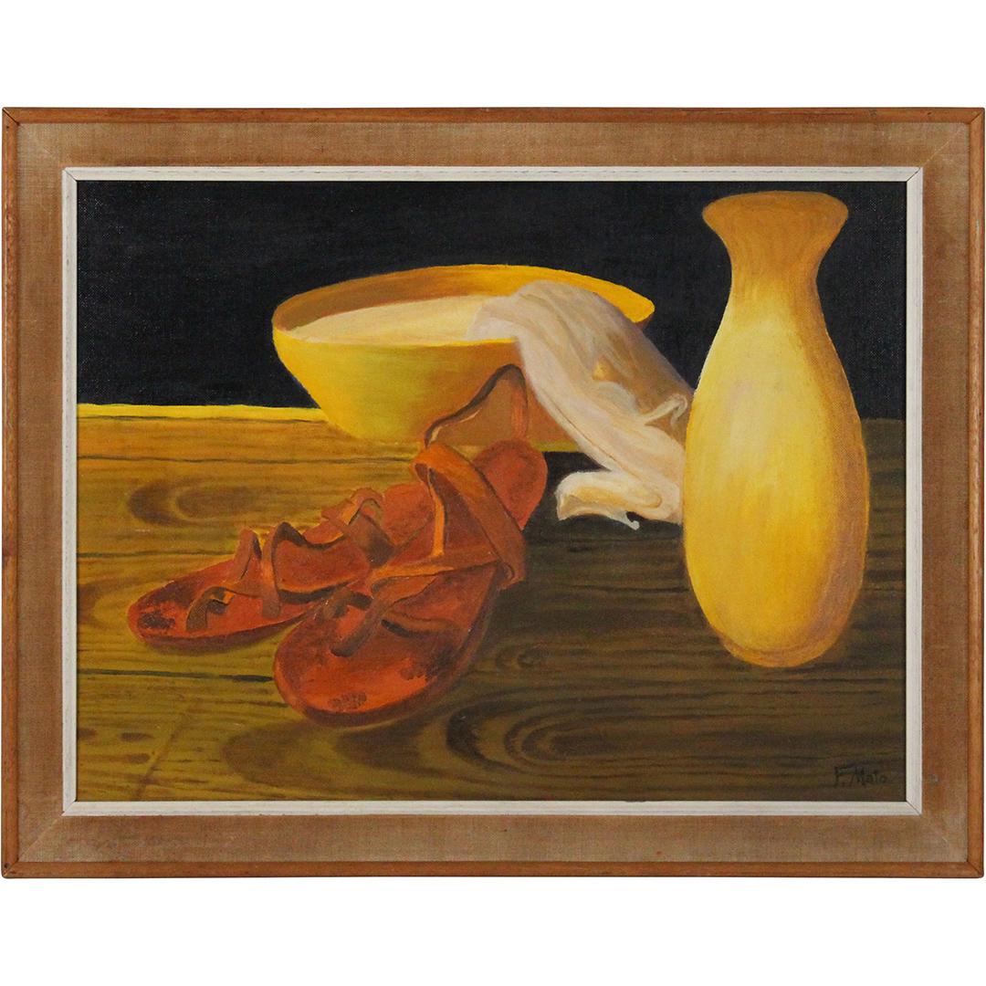 F Mato, Oil/b Mid-Century Still Life Yellow Vase, Bowl: F Mato, Oil/b Mid-Century Still Life Yellow Vase, yellow Bowl, sandals. Signed. Original frame. Oil on board painting. Vintage. Size: 18 x 24 , outside of frame: 22 x 28