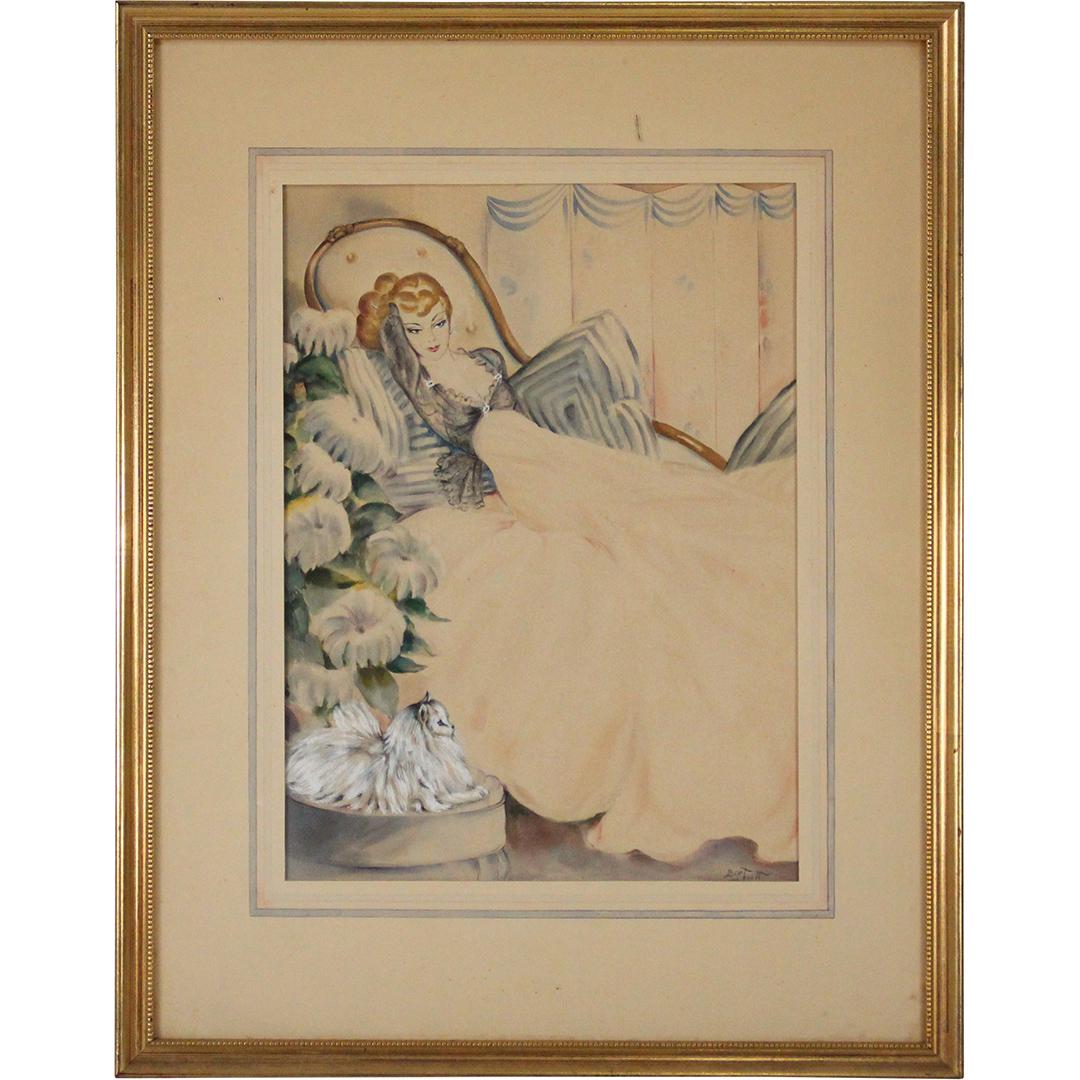 Bert Levitt, Gouache Art Deco Reclining Woman White Cat (1 of 10)