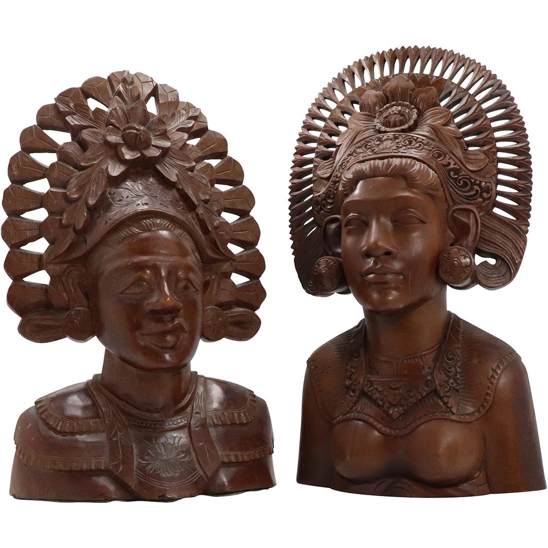2 Signed K Lungkunk , Bali, Carved Teakwood Head Busts (1 of 11)