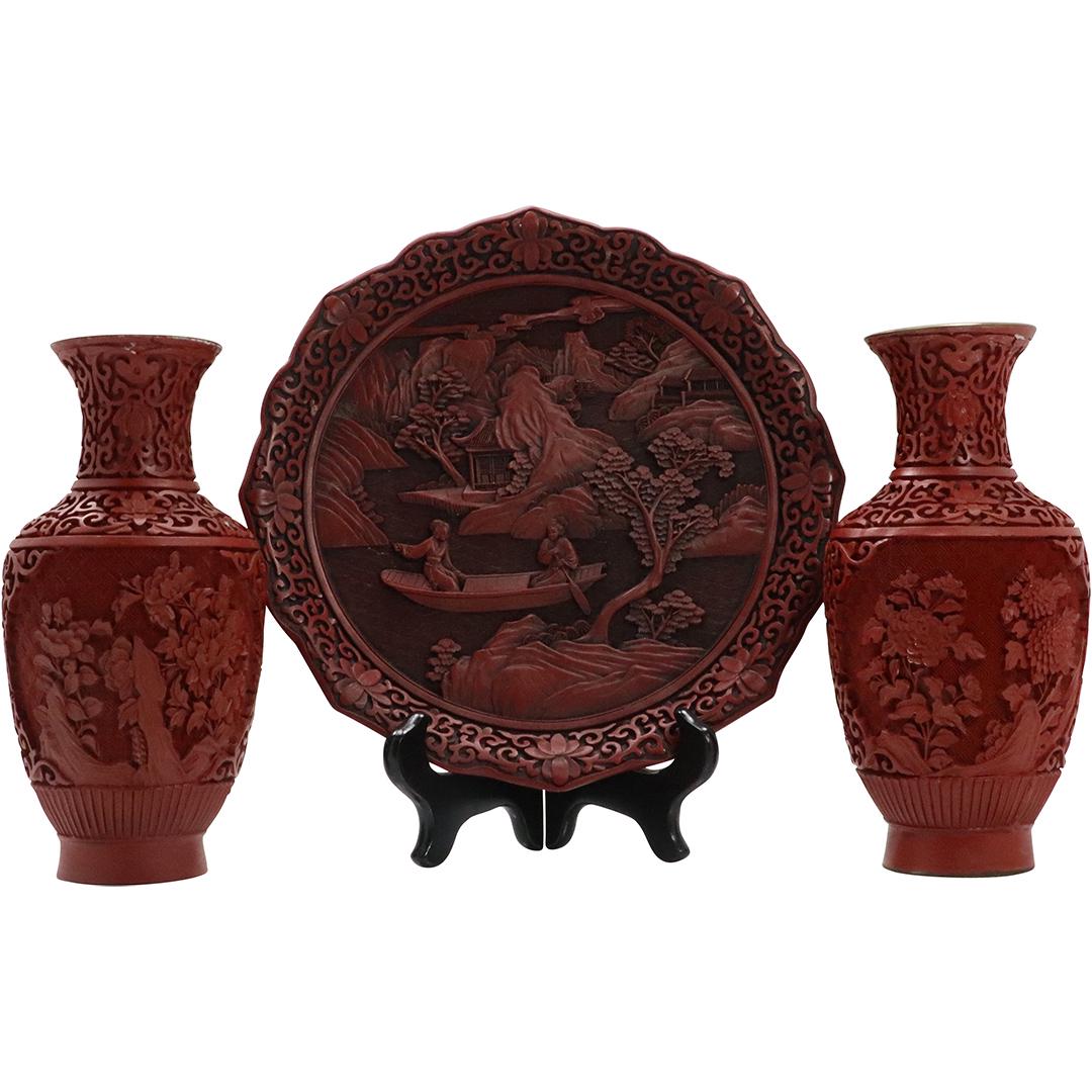 3 Pcs. Decorative Red Cinnibar, 2 Vases, Plate (1 of 9)