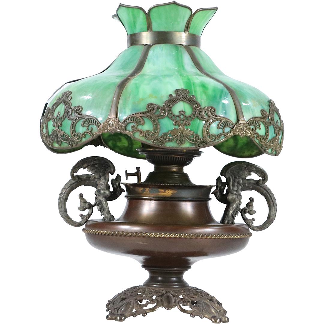 BRADLEY & HUBBARD Orante Green Slag Glass Parlor Lamp (1 of 15)