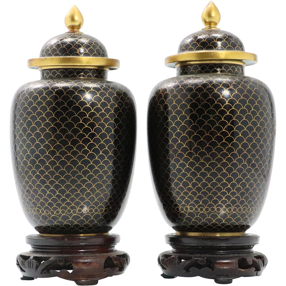 2 Fine Quality Black Cloisonne Covered Urns (1 of 7)