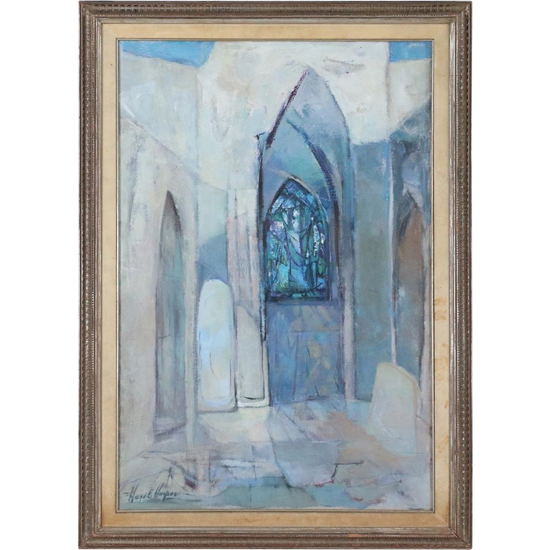Hazel Harper, O/c Stain Glass Window Cathedral Entrance: Hazel Harper, O/c Stain Glass Window Cathedral Entrance. Oil on canvas painting, Signed, Framed. Size: 36x24 image, 42x30 outside frame. ASKart: Hazel Harper (1908 - 1973) was active/lived in Californ