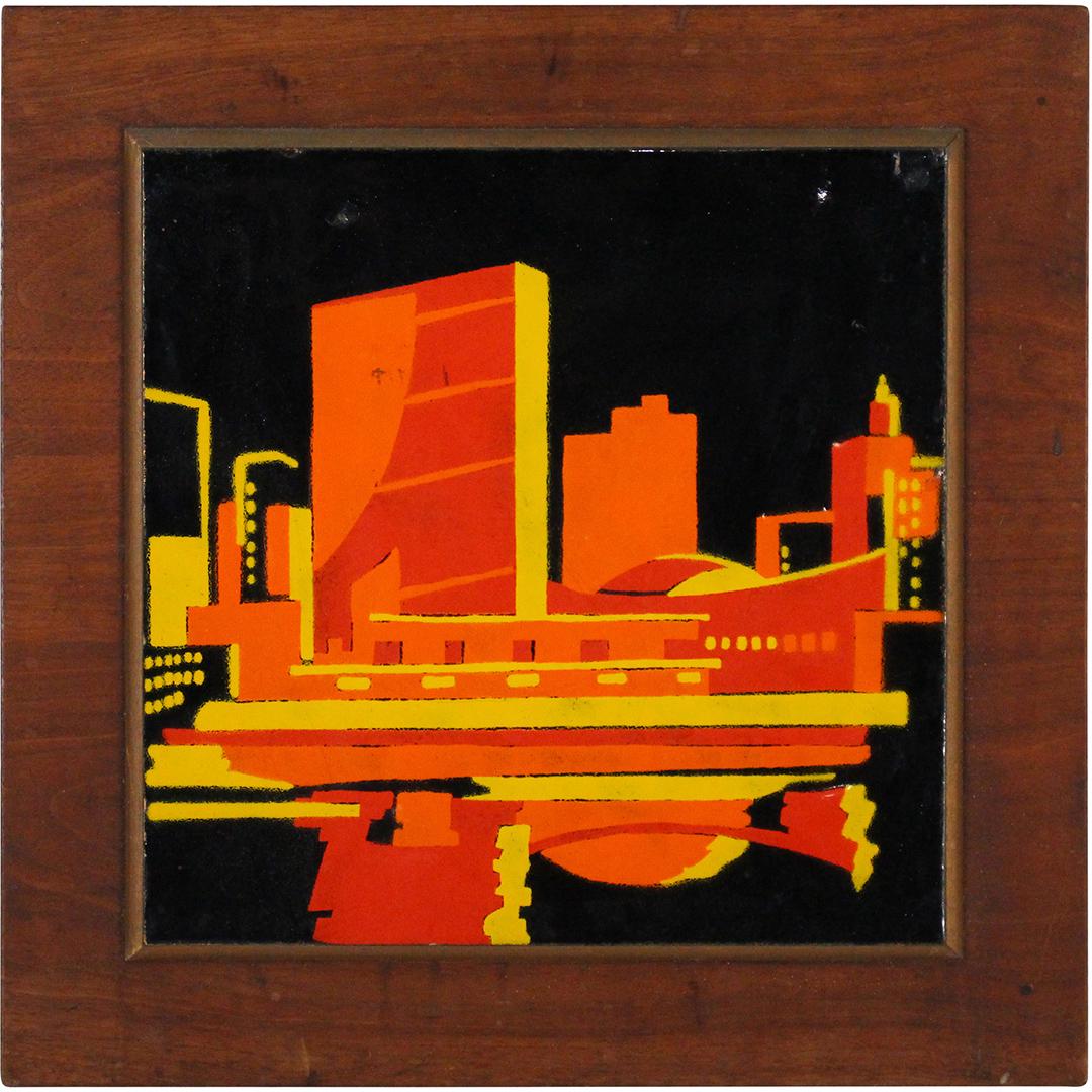 Mid-Century Modern New York United Nations Ceramic: Mid-Century Modern New York United Nations Ceramic ,enamel original frame. Size: 11x11 in image, 15x15 in outside frameUpdate 8/7/2021, 10:39am: added: United Nations Ceramic , POP ART, UN BUILDING, r